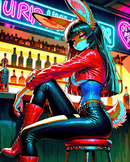 masterpiece, best quality, amazing quality, FMIXFT, fluffy body fur, radiant details, furry female, solo, rabbit ears, rabbit tail, brown body fur, (long hair, hime cut, black hair), blue corset, cropped jacket, red jacket, pink eyes, sitting, knee up, small claws, black pants, studded belt, red boots, indoors, bar, neon signs, stool, bottles, dim lighting, jitome, side glance