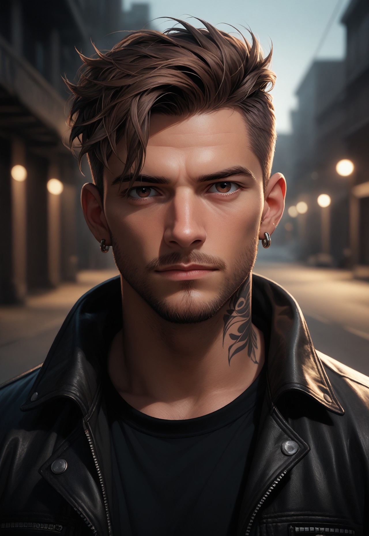 cinematic, highly professional, high contrast, BREAK lo-fi, soft colors, Andrew Ennis-Bryant, 1boy, solo, male focus, short hair, undercut, brown hair, black jacket, black shirt, earrings, facial hair, jacket, jewelry, depth of field, closed mouth, leather jacket, looking at viewer, outdoors, side lighting, tattoo realism style ,dark background, UHD, highly detailed, specular highlights, sidelighting, score_9, score_8_up, score_7_up, score_6_up, score_5_up, score_4_up,