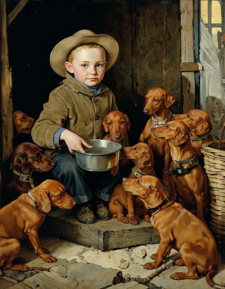 Art by Norman Rockwell. A painting of a boy sitting in a dimly lit barn, wearing a brown jacket and a blue shirt, with a wide-brimmed hat, holding a metal bowl in front of him. he is surrounded by six small, brown dachshunds, all of which are looking up at him with curious expressions. the boy is seated on the left side of the image, with one of them sitting next to him, and the other on the right side. the background features a wooden floor, a basket, and a window with sunlight streaming in, creating a cozy atmosphere. the artwork is signed "Rudolf Klimt" in the bottom right corner, adding a personal touch to the scene.