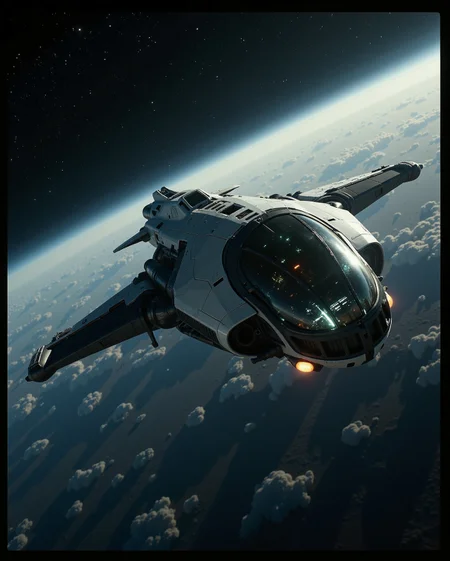 The cinematic shot is depicting an epic science fiction scene in deep space, likely from a science fiction movie like Alien or Dune with a colossal scale ckspacecraft gunship with gunmetal dark and white hull in full view, reflections from the cockpit canopy. in flight. reflections from stars or sun. thrusters active. action shot. in space.
film photography aesthetic, film grain effect prominent throughout image, high contrast lighting creating dramatic shadows, grainy film-like texture
