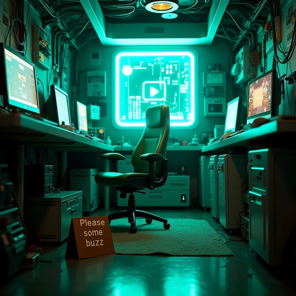 futuristic setting. inside a messy cyber-room is a green empty chair. there a futuristic computers and cables everywhere. a cyan glow is outside. in the room there is a futuristic messy table. on the floor there is a folding sign out of cardboard. on the sign is written "Please some buzz"