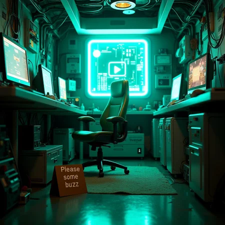 futuristic setting. inside a messy cyber-room is a green empty chair. there a futuristic computers and cables everywhere. a cyan glow is outside. in the room there is a futuristic messy table. on the floor there is a folding sign out of cardboard. on the sign is written "Please some buzz"