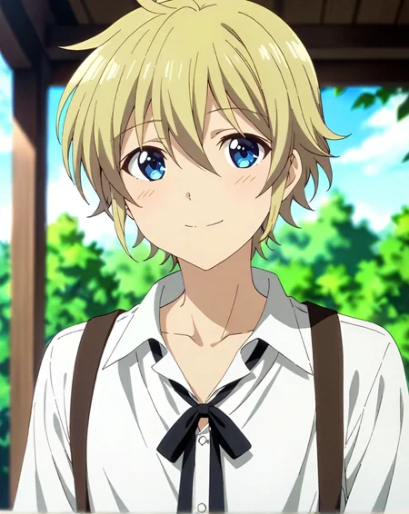 masterpiece, best quality, very aesthetic, absurdres, very detailed, depth of field, ((1boy, solo, male only, male focus, upper body)), (falma_de_medicis, blonde hair, blue eyes, short hair, hair between eyes, bangs), happy, looking at viewer, facing viewer, black suspenders, shirt, white shirt, collared shirt, buttoned shirt, black neckwear, neck ribbon, collarbone, outdoors, <lora:Lightning-8:1> <lora:falma_sdxl_lora:0.74>