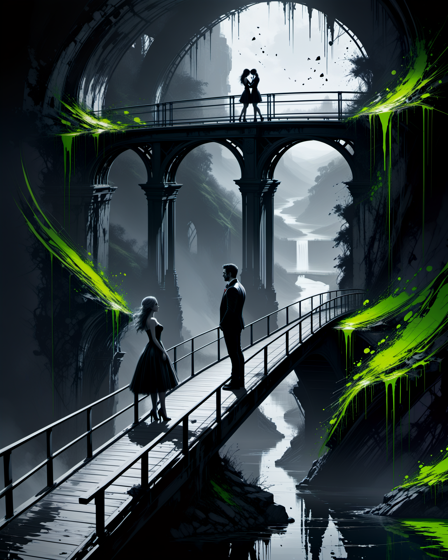 rsmls,a surprise proposal on a scenic bridge,masterpiece,messy,abstract,high contrast,awardwinning,8k,trending on artstation and deviantart <lora:RussMillsXL:0.7>,