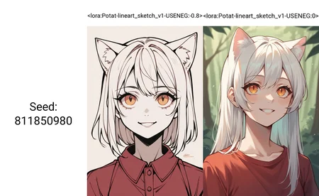 score_9, score_8_up,score_7_up, source_ anime,sketch, lineart, 1girl,cat ears, orange eyes, white hair, smiling, forest, upper body, looking up, red shirt,
<lora:Potat-lineart_sketch_v1-USENEG:-0.8>