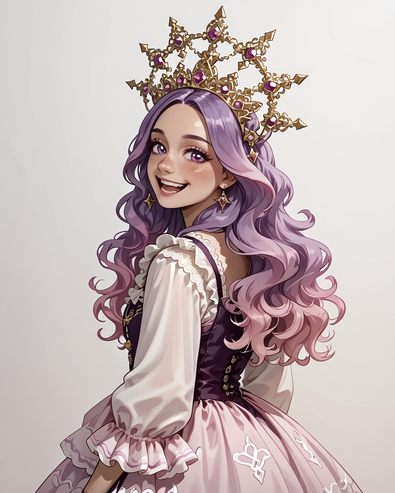 1girl, halocro, happy, frilled dress, (peonies:1.2), pink and purple, gradient hair, long hair, freckles, rhinestones, extremely detailed clothing, intricate details, digital art, masterpiece, absurdres, highest quality, score_9, score_8_up, score_7_up,   <lora:HaloCrown_XL:1.1>, looking back at viewer,  <lora:OtherStyle_08-Merge5_06_04_02_02:1>
