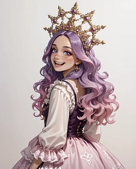 1girl, halocro, happy, frilled dress, (peonies:1.2), pink and purple, gradient hair, long hair, freckles, rhinestones, extremely detailed clothing, intricate details, digital art, masterpiece, absurdres, highest quality, score_9, score_8_up, score_7_up, <lora:HaloCrown_XL:1.1>, looking back at viewer, <lora:OtherStyle_08-Merge5_06_04_02_02:1>