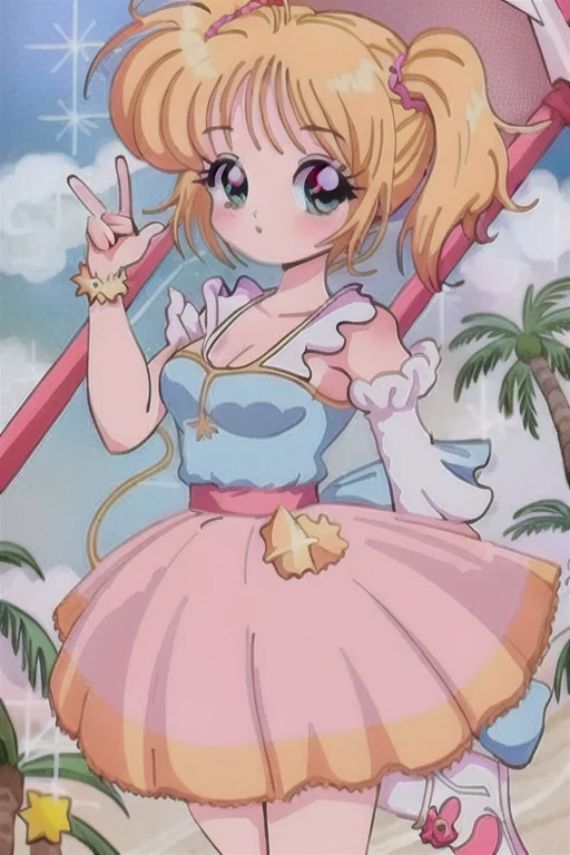 1girl, 80's anime style, <lora:TFM_FTA:0.7>, as a magical girl in the stars, waves, sunny day, sandcastles and buckets full of sand, beach umbrella, beach ball