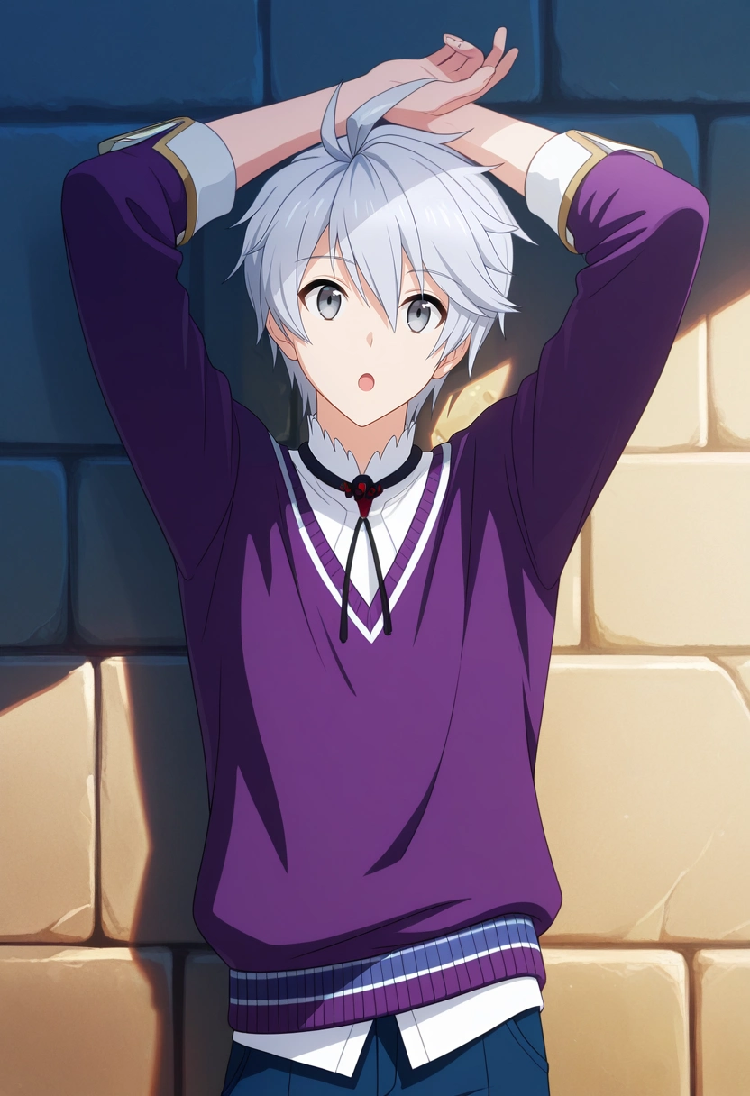 masterpiece, best quality, intricate details, (realistic:0.6),, 1boy, solo, male focus, <lora:lux_arcadia_ilxl:0.92>, lux_arcadia, grey hair, grey eyes, short hair, hair between eyes, , rule of thirds, great wall of china, noon, arms up, :o, Woven joggers, OrchidPurple Cashmere Digital print V-neck sweater, Suede sneakers, , and andBolo tie