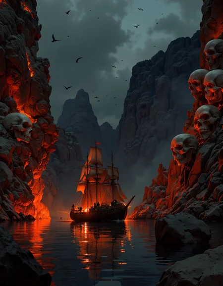 A dramatic digital illustration shoot from a far camera angle about a dark and eerie scene featuring skulls on rocky cliffs and a ship in the middle of the image. the scene is set at night, with a dramatic red and orange glow emanating from the lava, creating an eerie atmosphere. the ship is in the foreground, with its sails billowing in the wind, and it appears to be empty, with only a few people standing on it. in the background, the rocky cliffs are silhouetted against the night sky, with birds flying around, adding to the sense of depth and mystery. the water is calm and still, reflecting the eerie atmosphere of the scene. the overall mood is dark and foreboding, with the skulls and ship standing out against the dark background.