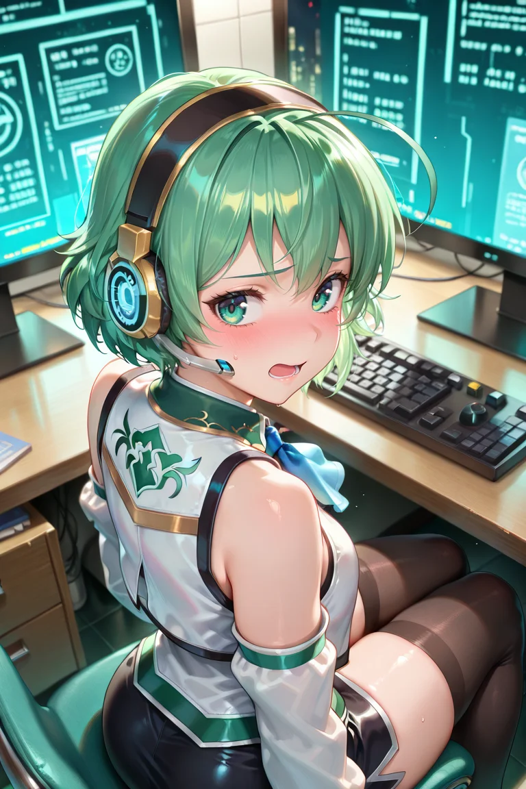 masterpiece, best quality, amazing quality, very aesthetic, absurd, newest, (solo), <lora:noobai_vpred_1_masterpieces_v23:0.8>, looking at viewer, <lora:LinIL:0.8> , lindef, 1girl, solo, green hair, short hair, green eyes, hairband, headset, antennae, radio antenna, blue ascot, bare shoulders, white vest, white shirt, collared shirt, sleeveless shirt, green trim, black gloves, black skirt, pencil skirt, detached sleeves, white sleeves, black thighhighs, (shy), blush, open mouth, looking back, indoor, office, cyberpunk, sitting, indoors, chair, computer, monitor, headphones, desk, keyboard (computer),