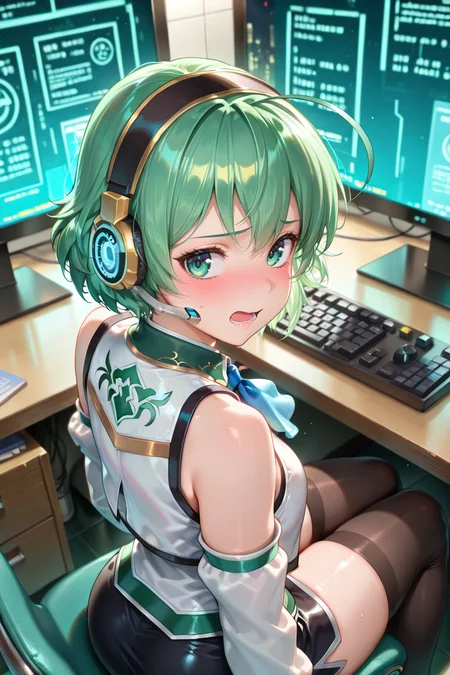 masterpiece, best quality, amazing quality, very aesthetic, absurd, newest, (solo),    <lora:noobai_vpred_1_masterpieces_v23:0.8>,  looking at viewer,    <lora:LinIL:0.8> , lindef, 1girl, solo, green hair, short hair, green eyes, hairband, headset, antennae, radio antenna, blue ascot, bare shoulders, white vest, white shirt, collared shirt, sleeveless shirt, green trim, black gloves, black skirt, pencil skirt, detached sleeves, white sleeves, black thighhighs, (shy), blush, open mouth, looking back, indoor, office, cyberpunk, sitting, indoors, chair, computer, monitor, headphones, desk, keyboard (computer),