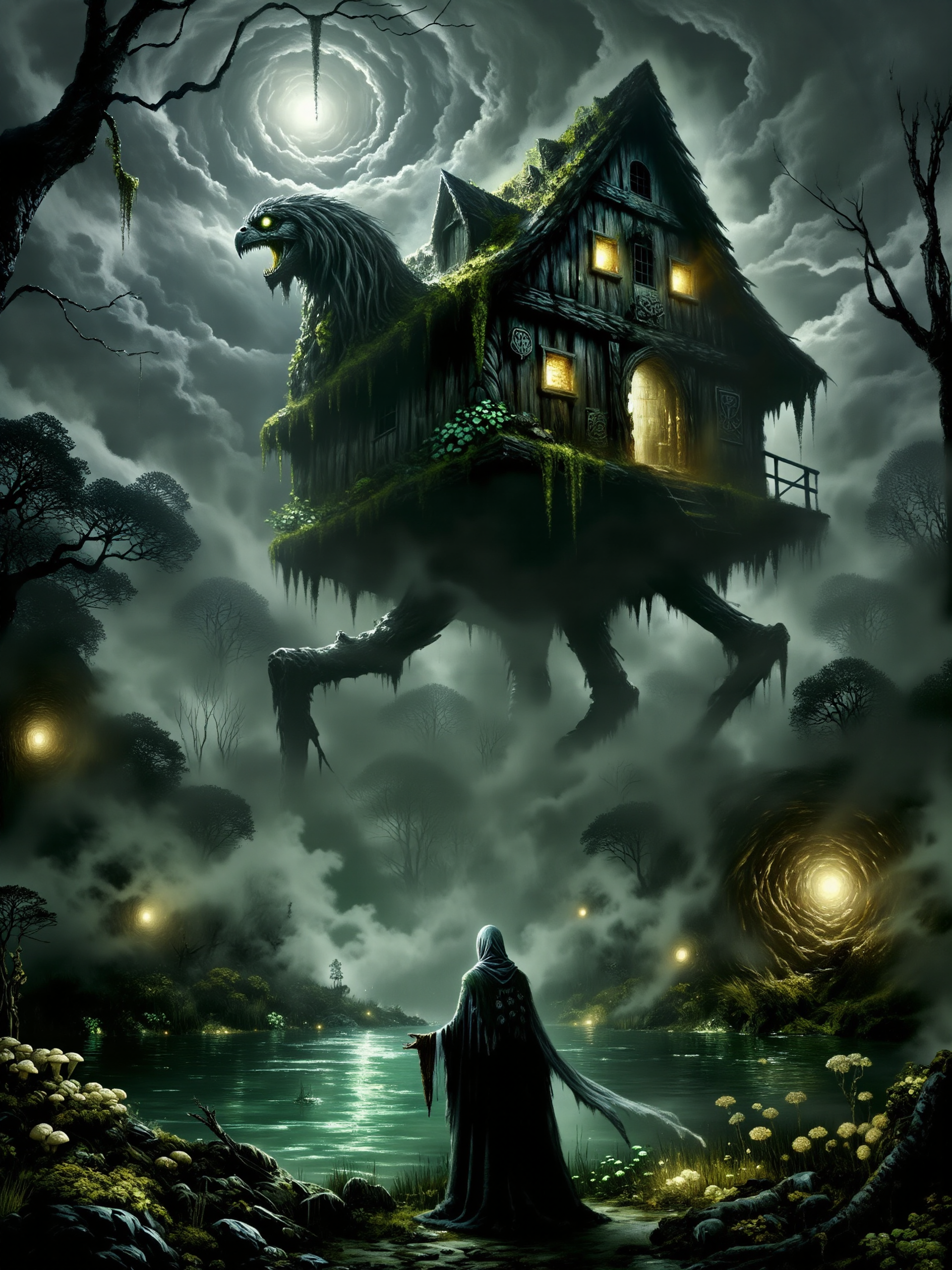 highly detailed dark fantasy-style painting of baba yaga, the witch, in front of her iconic hut on chicken legs, inspired by j.m.w. turner's shade and darkness - the evening of the deluge, eerie and foreboding atmosphere, romanticism, impressionism, surrealism, crepuscular rays, a mist-shrouded ancient primeval forest with otherworldly vegetation, thick with twisted, gnarled trees that loom menacingly over a swamp, tendrils of fog snake along the ground, dense underbrush cloaked in shadows, the landscape is wild, overgrown, and untamed, poisonous creeping vines and roots sprawled in every direction, and amidst the mist stands baba yagaâs infamous hut perched on two gigantic, otherworldly chicken legs, the hut appears crooked and unstable, yet it towers above the swamp, its twisted wooden structure covered in decaying moss and old, weathered runes, skulls and ominous talismans hanging from the roofâs edge, the foreground is filled with gnarled roots, glowing mushrooms, bioluminescent poisonous-looking swamp flowers, mossy rocks, and decaying leaves, in the background, ancient primeval trees stretch upwards into the mist, their branches clawing at the sky, the oppressive fog wraps everything in a suffocating grip, with baba yagaâs hut standing out in stark contrast, glowing faintly from within, baba yaga stands in the foreground, an old hag, her silhouette hunched, her long grey hair blowing wildly in the night breeze, she is cloaked in tattered robes of dark, earthy tones, her bony hands clutching a twisted wooden staff adorned with bone charms and feathers, her piercing eyes glow with a malevolent light as she gazes at the viewer, her expression twisted with a knowing, sinister grin of dark amusement, her hutâs massive chicken-like legs are mid-step, bent as it moves through the swamp, surrounded by swirling mist, the wooden structure ancient and weathered, the door slightly ajar as though beckoning to anyone foolish enough to approach, low-angle wide shot, the viewer looks up at baba yagaâs imposing figure and the towering hut, emphasizing their size and power, the hut looms ominously in the background while baba yaga stands near the foreground, her hutâs massive legs stepping through the swamp, casting ripples in the murky water below, the low angle creates a sense of looming danger and an overwhelming presence, the scene is dimly lit by the soft glow of the moon, with dappled moonlight filtering through clouds, faint beams of moonlight create dappled shadows across the swamp, the hut itself glows faintly from within, with eerie green and yellow light casting ominous reflections on the murky swamp waters, subtle backlighting from the moon gives baba yagaâs figure an ethereal yet malevolent outline, faint glowing sparks of magic trail from baba yagaâs staff, swirling with the mist, enhancing the dark, mystical feel, dark fantasy aesthetic with surreal elements, emphasizing mood and atmosphere, textures of decaying wood, damp earth, and creeping mist are prominent, creating a vivid sense of place and foreboding, df_style, style of anato finnstark, <lora:style-dark_fantasy-flux-by_crash:0.96> <lora:style-anato_finnstark-flux-by_tangbohu:0.96> <lora:image_enhancer-flux-by_dever:1.0>