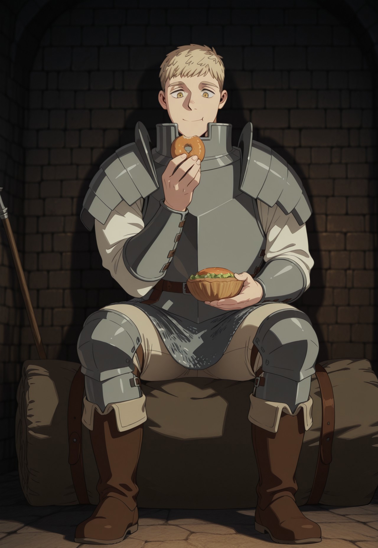 safe_pos, masterpiece, best quality, amazing quality, very aesthetic, absurdres, Dunmeshi_Laios, 
1boy, solo, male focus, blonde hair, short hair, yellow eyes, armor, gorget, pauldrons, cuirass, white shirt, arm guards, brown belt, chainmail, beige pants, knee guards, brown boots, sitting, on bedroll, eating, happy, dungeon, dark, full body, dynamic pose, perspective
