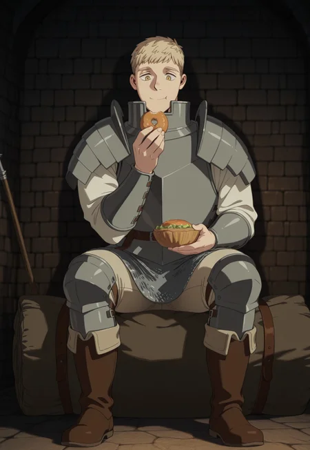 safe_pos, masterpiece, best quality, amazing quality, very aesthetic, absurdres, Dunmeshi_Laios,
1boy, solo, male focus, blonde hair, short hair, yellow eyes, armor, gorget, pauldrons, cuirass, white shirt, arm guards, brown belt, chainmail, beige pants, knee guards, brown boots, sitting, on bedroll, eating, happy, dungeon, dark, full body, dynamic pose, perspective
