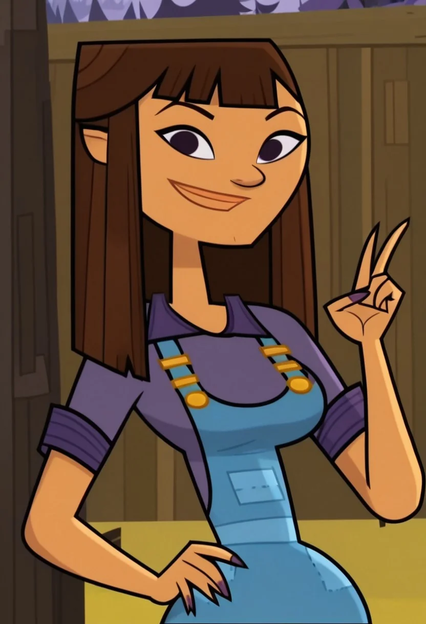 ((Forest background)),score_9, score_8_up, score_7_up,score_6_up,
1girl, Solo, Hannah_DC, tan skin, dark purple eyes, long straight hair, brown hair, purple collared shirt, blue tight overalls, plum ankle boots, big eyes, tall stature, social smile, perfect eyes, perfect smile, looking at the viewer, big breasts, detailed eyes, perfect eyes, standing, (front pose, bust shot, close up to face, face portrait:1)
