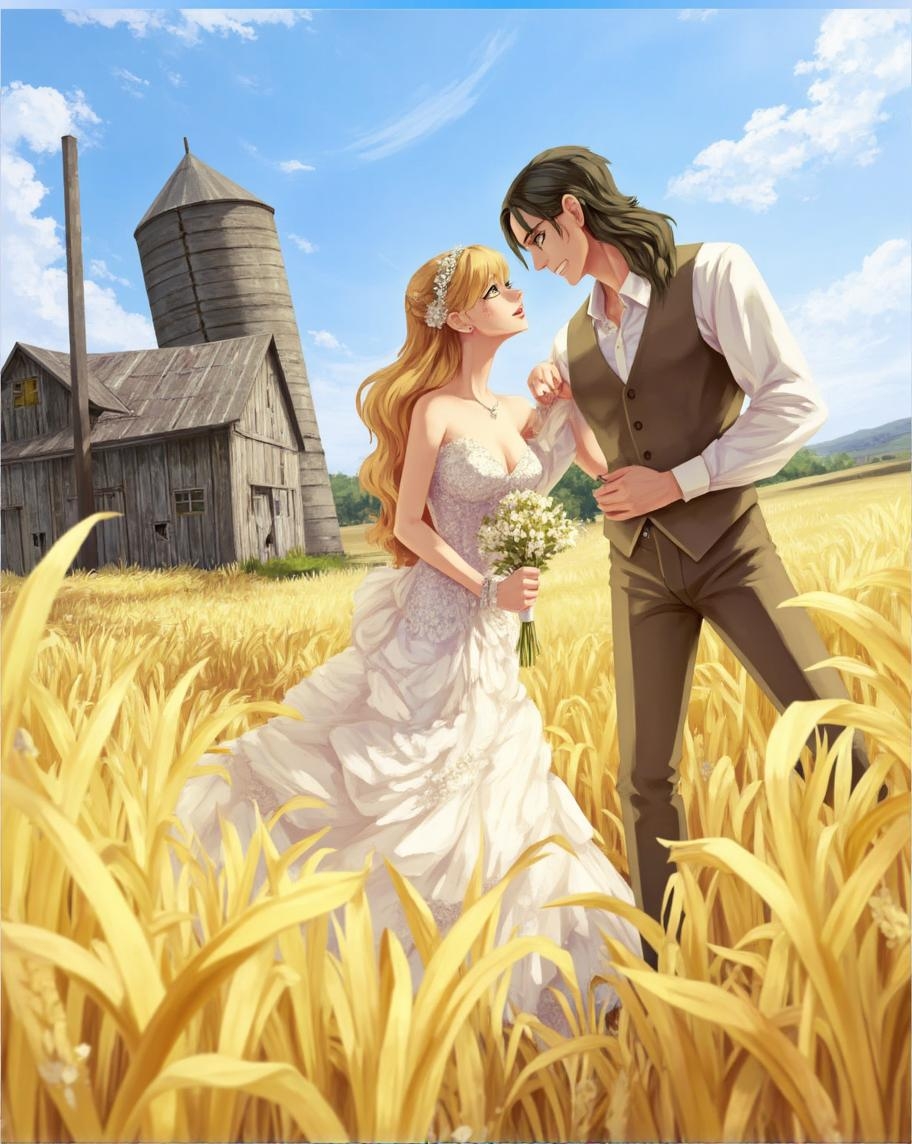 <lora:ck-LttleGhost-000011.safetensors:1> in the style of ck-lttlegh0stIn this stunning anime scene, a radiant bride in white and her dashing groom in brown gaze lovingly at each other amidst a sun-kissed wheat field. A weathered barn looms in the background, adding an air of rustic charm to the idyllic setting.