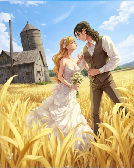 <lora:ck-LttleGhost-000011.safetensors:1> in the style of ck-lttlegh0stIn this stunning anime scene, a radiant bride in white and her dashing groom in brown gaze lovingly at each other amidst a sun-kissed wheat field. A weathered barn looms in the background, adding an air of rustic charm to the idyllic setting.