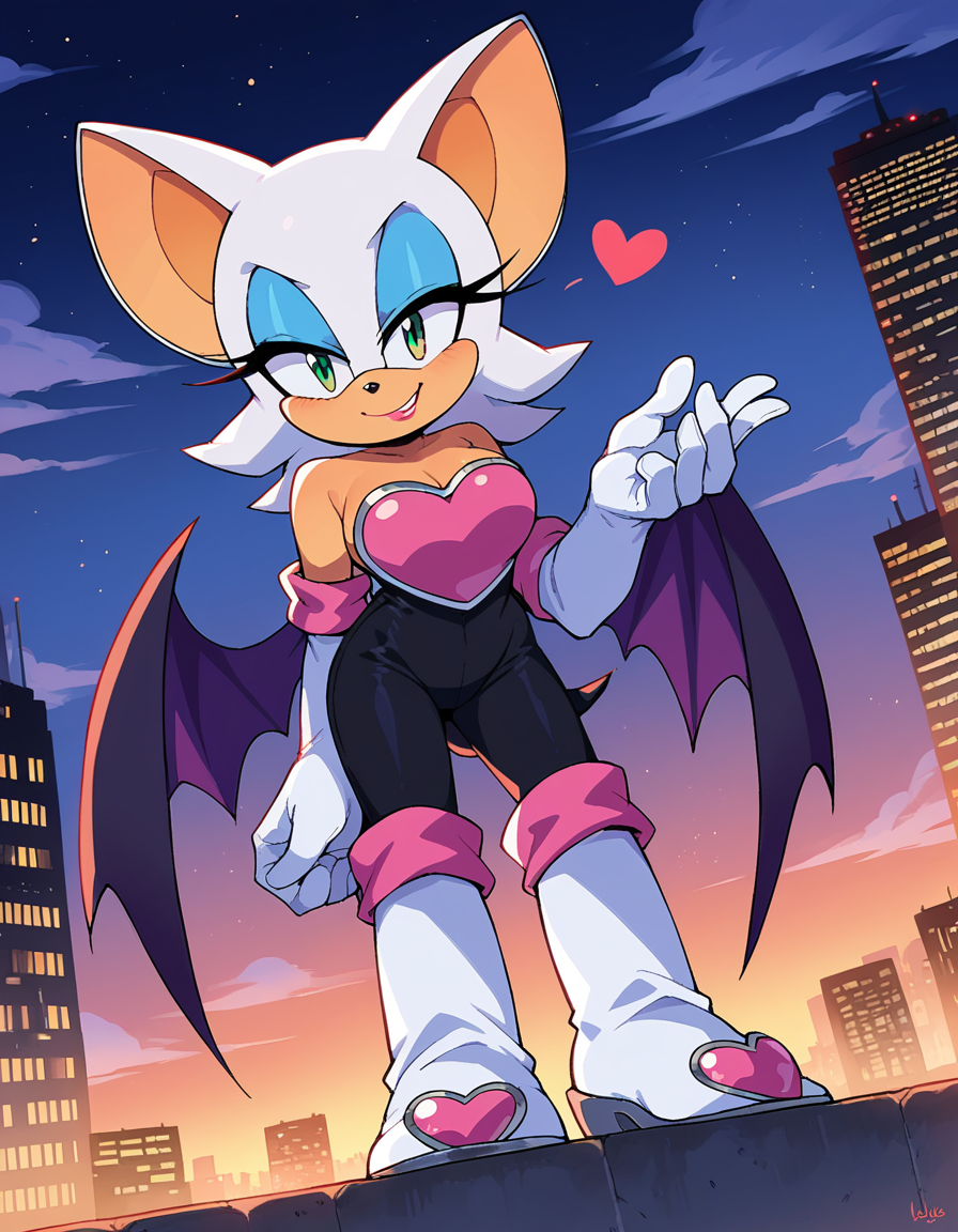 score_9, score_8_up, score_7_up, source_anime,
rougethebat, <lora:rouge-the-bat-ponyxl-lora-nochekaiser:1>
rouge, animal ears, bat ears, bat girl, bat tail, bat wings, eyeliner, furry, furry female, green eyes, makeup, tail, white hair, wings, eyeshadow,
bare shoulders, boots, elbow gloves, gloves, heart, knee boots, white footwear, white gloves,
outdoors, cityscape, night, smile,
looking at viewer, cowboy shot, dutch angle, solo,