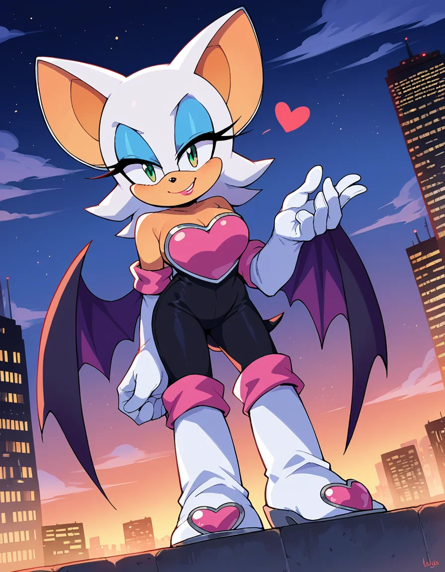 score_9, score_8_up, score_7_up, source_anime,
rougethebat, <lora:rouge-the-bat-ponyxl-lora-nochekaiser:1>
rouge, animal ears, bat ears, bat girl, bat tail, bat wings, eyeliner, furry, furry female, green eyes, makeup, tail, white hair, wings, eyeshadow,
bare shoulders, boots, elbow gloves, gloves, heart, knee boots, white footwear, white gloves,
outdoors, cityscape, night, smile,
looking at viewer, cowboy shot, dutch angle, solo,
