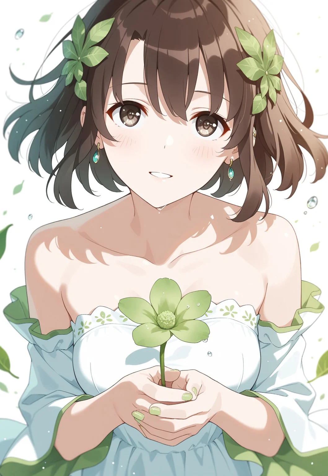 1girl, m3gum1kat0,brown hair, bangs, pupils,brown eyes,medium breasts, short hair,
,original,collarbone,ear ring,floating liquid,green theme,leaf,looking at viewer,looking up,piercing,solo,upper body,hands up,nail polish,wide sleeves,holding,detached sleeves,head tilt,sidelocks,strapless dress,white dress,flower,simple background,blush,holding flower,white background,water drop,smile,green flower,floating clothe,strapless,white theme,parted lips,bare shoulders,own hands together,fingernails,green nails,leaf hair ornament,dress,hair ornament,long sleeves,from above,light particles,hair between eye,white sleeve cuff