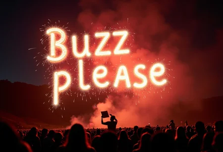 An impressive fireworks display at night in a mountainous area. The fireworks explode and form letters which spell "Buzz please". Below on the ground, the crowd is amazed. One of them holds a small sign that says "I love you".