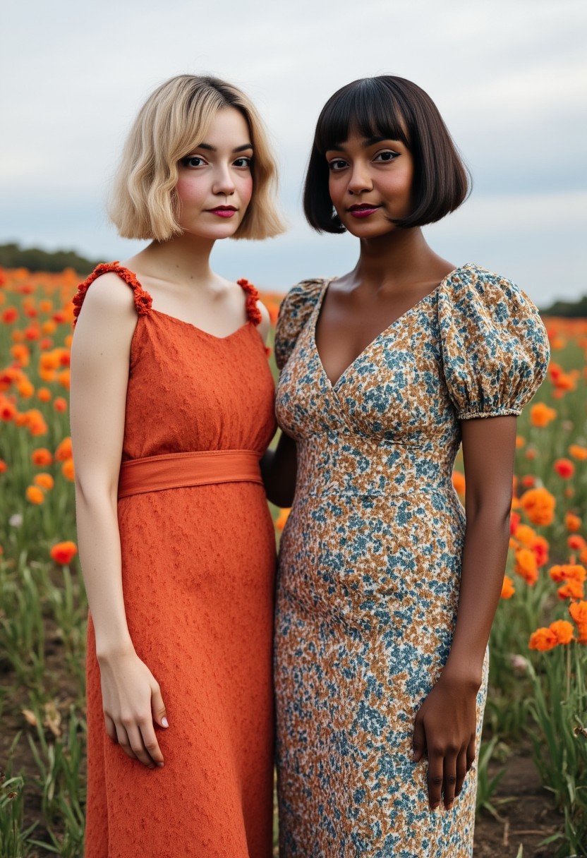 2girls, ((Buzzcut bald woman)), (black 1920's bob haired woman), (tall skinny sexy pretty beautiful young 20 yr old women), perfect face, perfect body, wearing sundresses standing in a field of flowers, (facing the viewer),