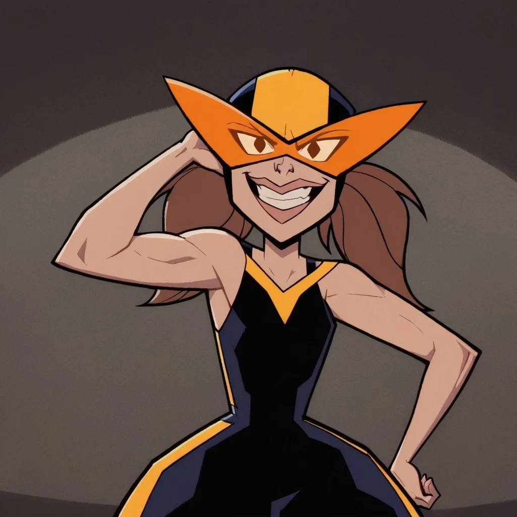 score_9, score_8_up, score_7_up, 2d, raw, cartoon, 1girl, pose, gigantic ass, wide hips, hyper hips, big ass, huge ass, shiny skin, thick thighs, muscular legs, (thick calves), looking at viewer, upper body focus, 
instantanegirl, twintails, brown hair, thick lips, kamina shades, orange-tinted eyewear, black bodysuit, wide hips, thick thighs, thick legs, muscular legs, smug smile, teeth, fists