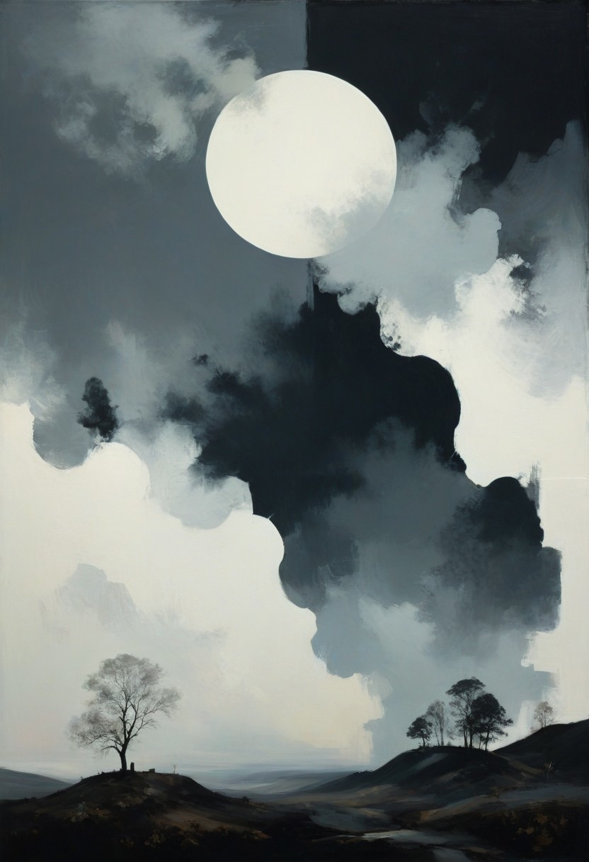 by Abbott Handerson Thayer , by Briana Mora , by Abigail Larson , a breathtaking otherworldly landscape with inverted colors , in the (style of  monochrome photography:1.6), Minimalism art, abstract, simple geometric shapes, hard edges, sleek contours, Minimalism,,  limited dark palette, unusual colors, atmospheric haze, highly dramatic volumetric lighting, (professional, finest details, maximized details, ultimate detail level, masterpiece, best quality:1.5), (highly artistic, highly painterly, harmonic, best composition, expressive, ultimate aesthetic level, masterclass artistry:1.5)