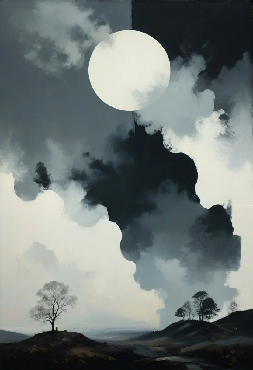 by Abbott Handerson Thayer , by Briana Mora , by Abigail Larson , a breathtaking otherworldly landscape with inverted colors , in the (style of  monochrome photography:1.6), Minimalism art, abstract, simple geometric shapes, hard edges, sleek contours, Minimalism,,  limited dark palette, unusual colors, atmospheric haze, highly dramatic volumetric lighting, (professional, finest details, maximized details, ultimate detail level, masterpiece, best quality:1.5), (highly artistic, highly painterly, harmonic, best composition, expressive, ultimate aesthetic level, masterclass artistry:1.5)