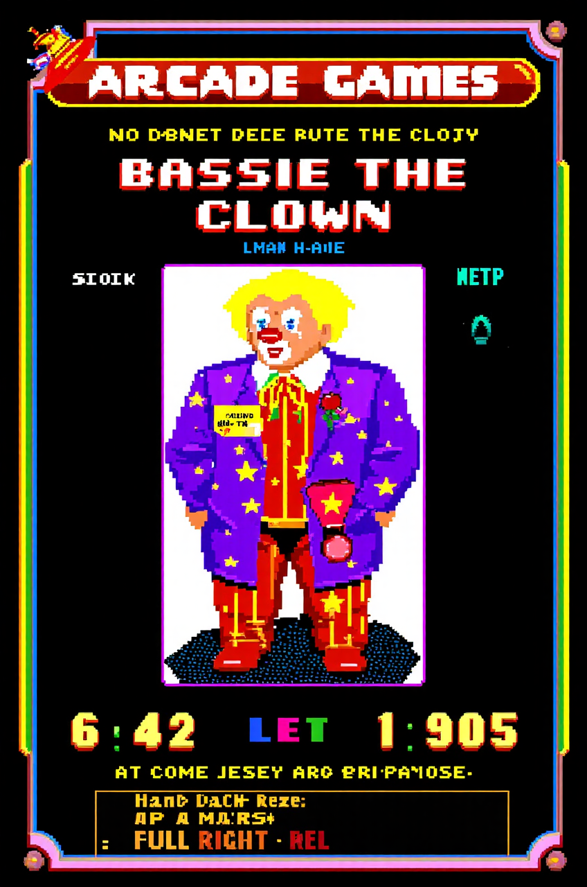 retro arcade style <lora:Bassie:1.2> Bassie the clown . 8-bit, pixelated, vibrant, classic video game, old school gaming, reminiscent of 80s and 90s arcade games