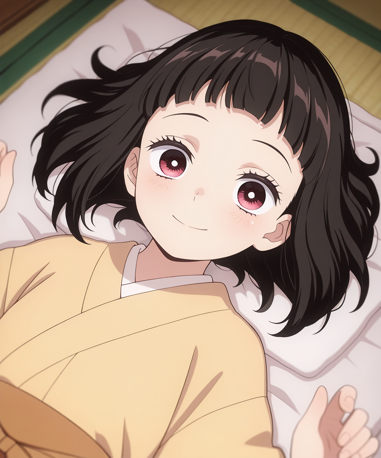 1girl,
KamadoHanakoKimetsunoYaiba, 
general, solo, perspective, dynamic angle, upper body,
eyelashes, yellow kimono,
looking at viewer, lying, on back, smile, light blush,
japan, indoors, futon,
depth of field, 
<lora:kp_KamadoHanakoKimetsunoYaibaIllustrious_v1_0:1.0>,
masterpiece, best quality, amazing quality