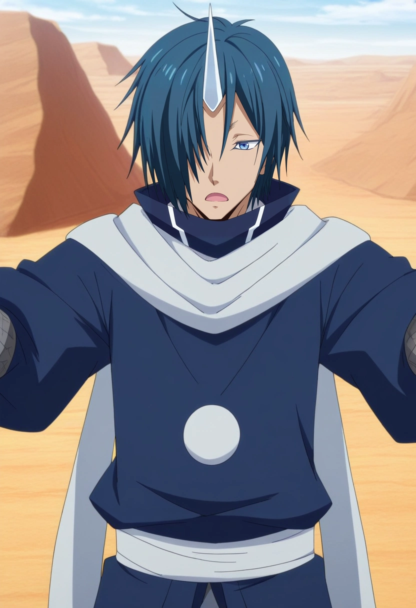 masterpiece, best quality, anime screencap, official style, anime coloring, cowboy shot, 1boy, solo, male focus, <lora:souei_tensura_ilxl:0.9>, souei_tensura, blue hair, blue eyes, hair over one eye, single horn, scarf, japanese clothes, upper body, sahara desert, day, outstretched arms, open mouth,
