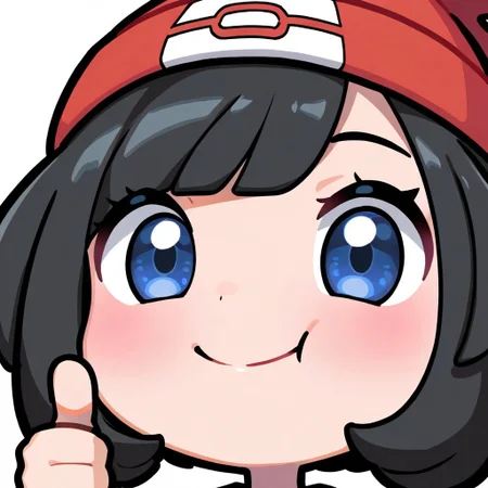 masterpiece, best quality, highres, 1girl, solo,, emote, chibi, face focus,, Selene_(Pokemon), beanie, blue eyes, black hair, happy, thumbs_up