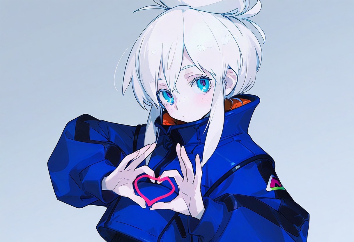 (by kukka:1.2), 1girl, solo,usnr
gundam_gquuuuuux_deux_murasame, 1girl, solo, white hair, blue eyes, single hair bun, blue jacket, long sleeves, freckles, looking at viewer, ((heart gesture)),