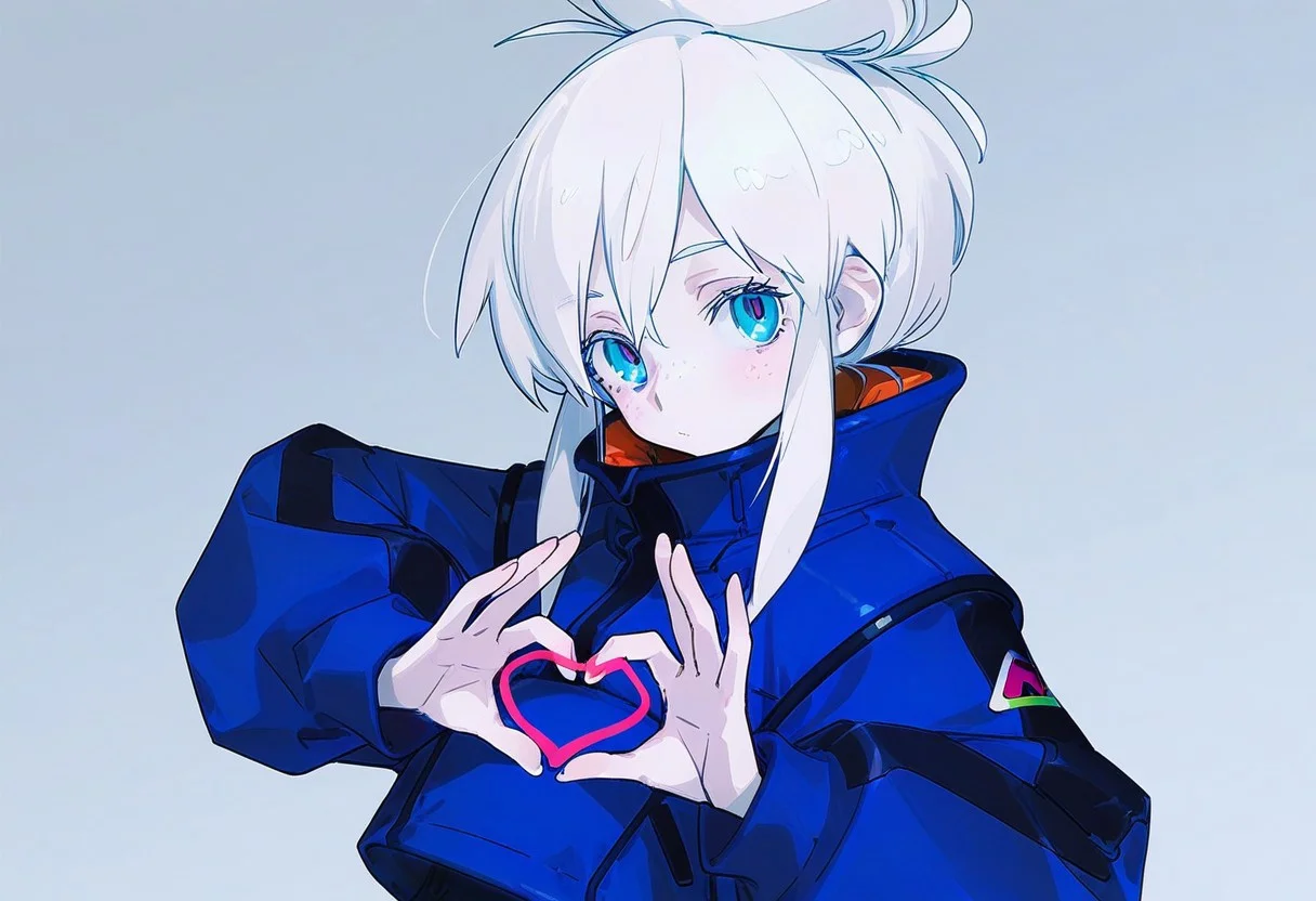 (by kukka:1.2), 1girl, solo,usnr
gundam_gquuuuuux_deux_murasame, 1girl, solo, white hair, blue eyes, single hair bun, blue jacket, long sleeves, freckles, looking at viewer, ((heart gesture)),