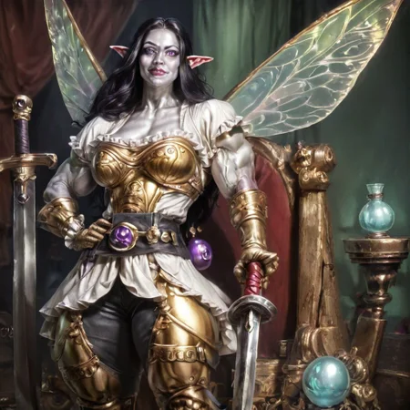 Action scene, Photo realistic, hyper realistic, score_9, rating_safe, solo (arch fey woman, (beautiful detailed face), (violet eyes), (gold metallic silver skin ral-polishedsteel), (pirate, white blouse, black pants, gloves), (fairy wings), (long black hair), (thick thighs | large muscles), (sword belt)), standing next to a throne, in a detailed throne room, hi res, hi quality, 4k, realism