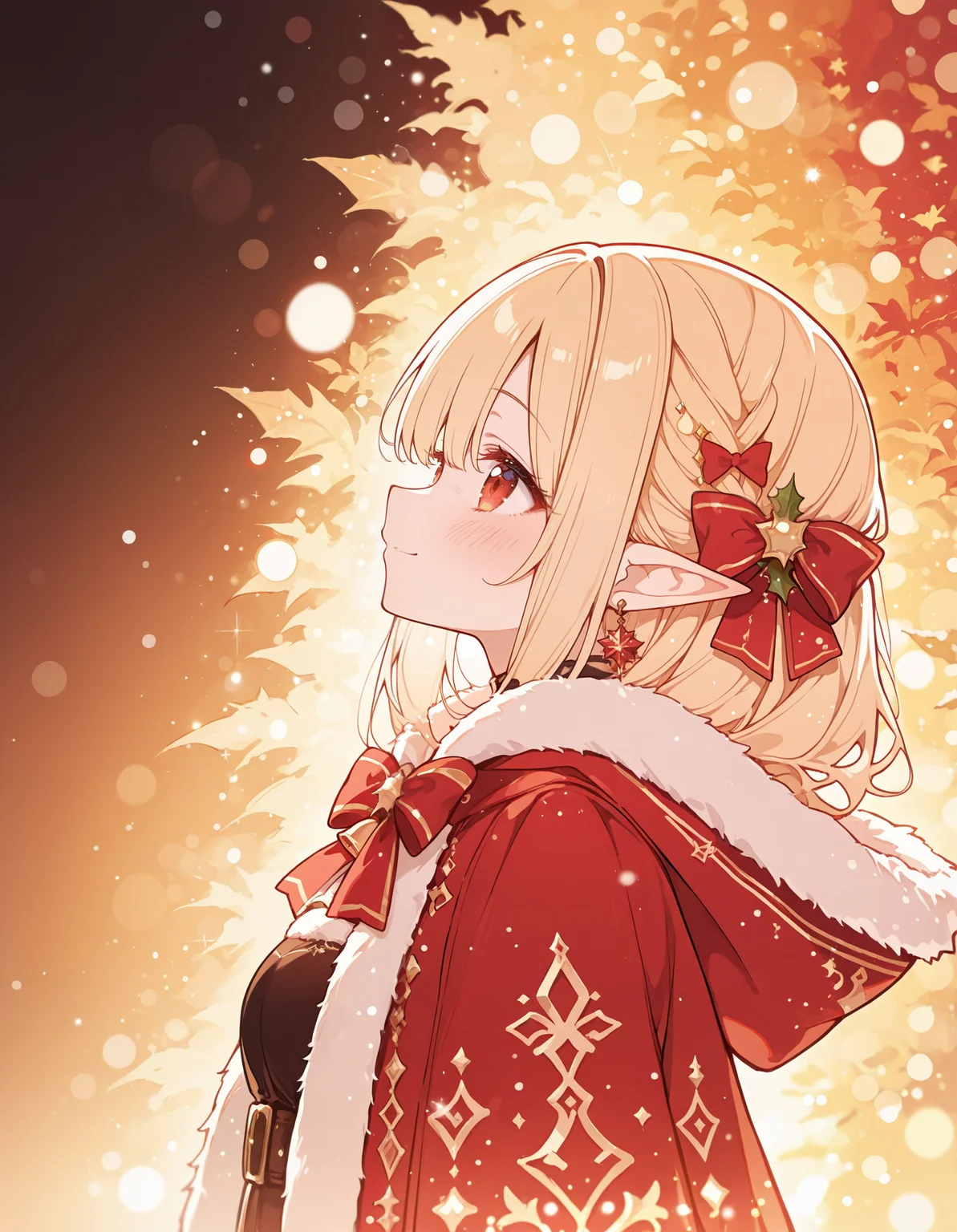 masterpiece, best quality,high quality, newest, highres,absurdres,Bright_illu,<lora:Bright_style-000016:1>, 1girl, solo, pointy ears, blonde hair, red eyes, fur trim, earrings, from side, hood, christmas, hair bow, upper body, bow, jewelry, smile, red bow, hood down, profile, bangs, blush,soft_lighting,bokeh,