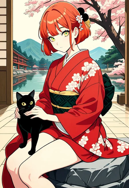 masterpiece, best quality, amazing quality, very aesthetic, absurdres, explicit, 1girl, solo, <lora:HarukaNanamiIllustriousV1:1> harukananami, short hair, red hair, multicolored eyes, yellow eyes, green eyes, kimono, japanese pattern, hair ornament, tree, cherry blossoms, sitting on stone, holding black cat, japanese scenery background, looking at viewer, ukiyo-e