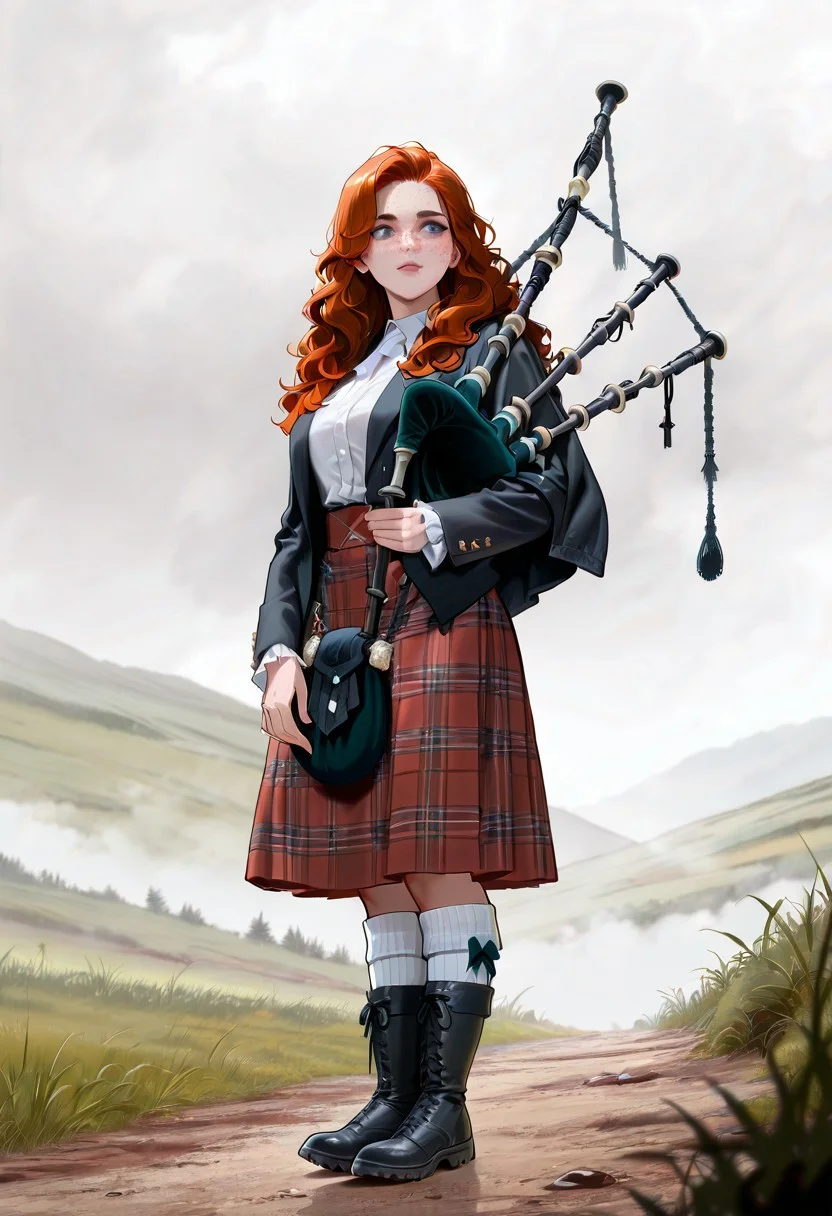 (masterpiece, newest, best quality, highly detailed, very awa, superfine illustration, official art style), very detailed face, hyperrealistic, (1girl), (UHD quality details), 1girl, fem_pipe, standing, (bagpipes), playing bagpipes, windblown hair, scottish girl, long curly auburn hair, freckles, plaid, kilt, wooly socks, hiking boots, black velvet jacket, frilled white shirt, moutain background, misty, fog, overcast, drizzle, depth of field, 8k uhd, absurdres, volumetric lighting, tack sharp focus, beautiful composition, intricate detail, professional illustration