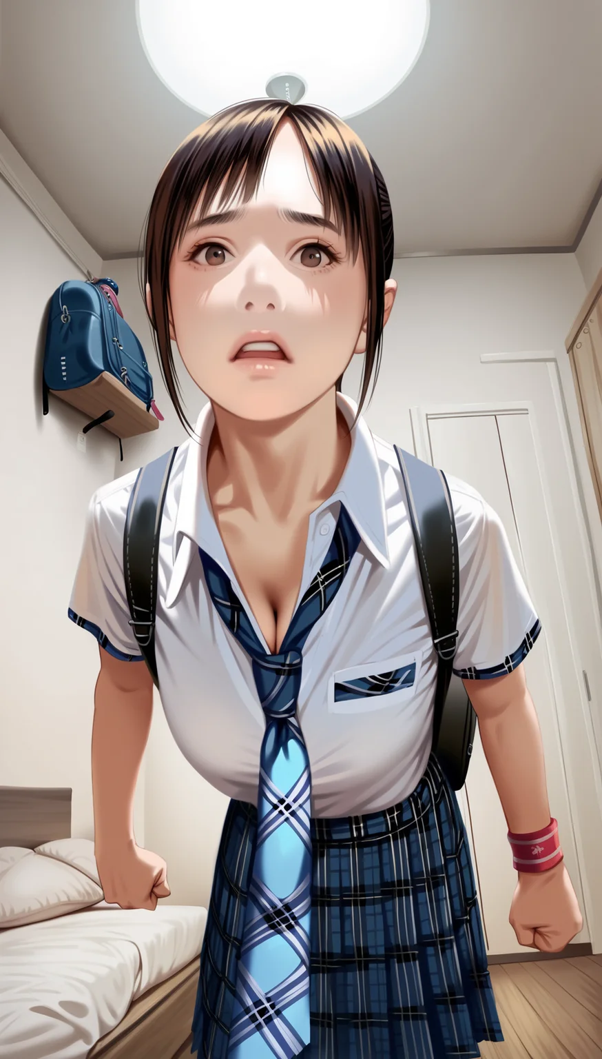 score_9,score_8_up,score_7_up,
highly detailed,highres,photorealism,(realistic:1.2),
<lora:miiyamotohikari:0.9>,miiyamotohikari,
1girl,solo,black hair,bangs,brown eyes,school uniform,white collar shirt,blue plaid skirt,blue plaid necktie,red wristband,looking at viewer,frown,unhappy,open mouth,cleavage,upper body,from below,leaning forward,clenched hands,indoors,bedroom,white wardrobe,ceiling,bed,pillow,a baseball bat leaning against the corner of a room wall,desk,wooden floor,a backpack hanging on a hook in the room,dome light,