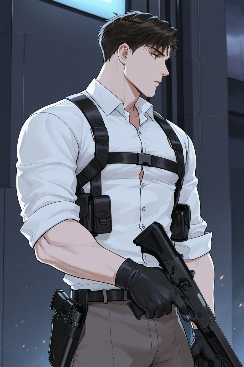 <lora:STS-IL:0.9>,buchonghua,brown hair,brown eyes,short hair,white shirt,chest harness,looking to the side,holding gun,black gloves,1boy,solo,bara,male focus,very awa,masterpiece,best quality,amazing quality,nsfw,uncersored,highres,best quality,amazing quality,best aesthetic,absurdres,