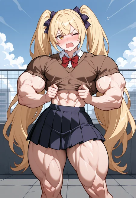 best quality, masterpiece, 1girl, muscular, solo,cowboy shot, standing, biceps, pectorals,flat chest, thick arms,abs, midriff, obliques, thick thighs, narrow waist, shirt pull, blonde hair, twintails, very long hair, hair bow, bangs, skirt, pleated skirt, school uniform, brown sweater, embarrassed, angry, one eye closed, open mouth, looking at viewer, outdoors, rooftop, <lora:BPG_v3_2:1>