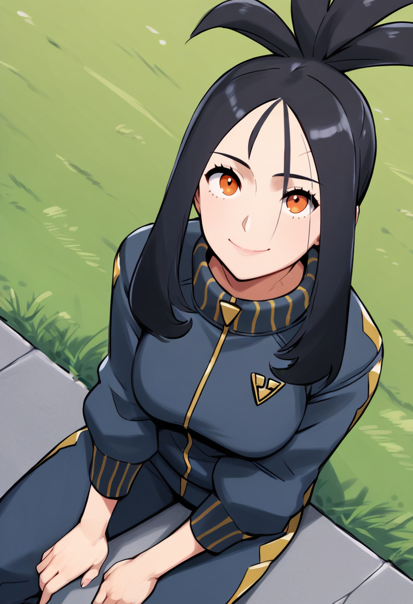 <lora:Dendra-Pokemon-PDXL:0.7> score_9, score_8_up, score_7_up, score_6_up, score_5_up, score_4_up, BREAK, 1girl, solo focus, Pkmndendra, black hair, orange eyes, black track suit, from above, dutch angle, looking up, looking at viewer, outdoors, day, grass, sitting on ground, hanging legs, sitting on wall, ledge, smile