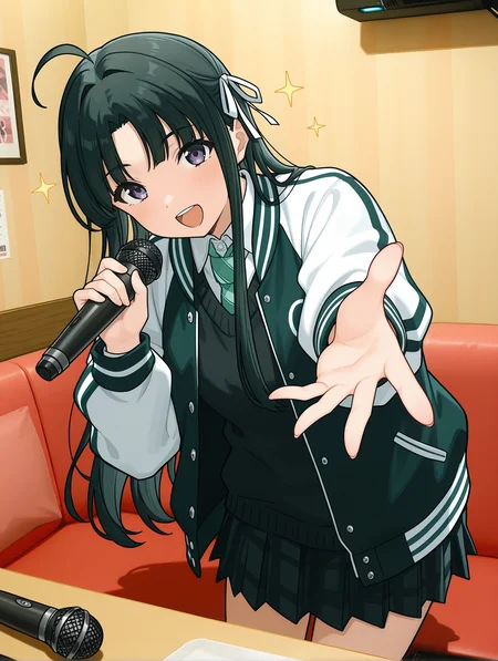 masterpiece,best quality,newest,
1girl,solo,<lora:j_karaoke_ilxl_v1:1>,j_karaoke,
<lora:Fixhands_anime_bdsqlsz_V1:1>,table,couch,<lora:SUBARU_AWA_ilxl_v1.1:1>,subaru_awa,hair ribbon,letterman jacket,open jacket,black sweater vest,collared shirt,green tie,long sleeves,black skirt,pleated skirt,singing,front view,reaching towards viewer,bent_over,leaning_forward,:d,sparkle,holding microphone,