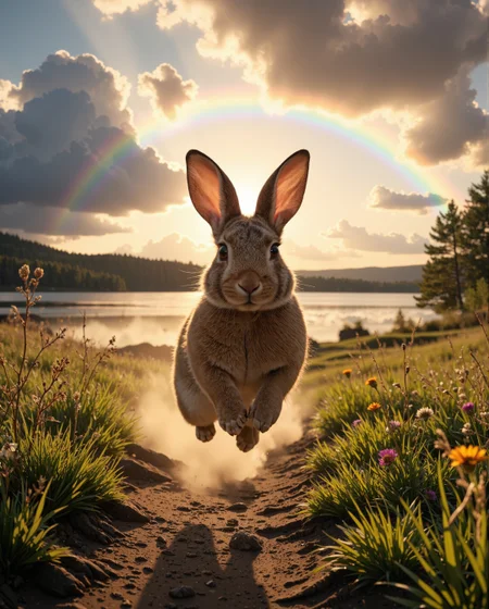 The foreground is dominated by a vibrant, lively rabbit mid-hop, perfectly framed as the central subject. The rabbit’s fur exhibits extraordinary detail, showcasing a mix of warm brown tones with hints of cream and darker hues. Its fur is textured and lifelike, appearing soft and slightly fluffed up in the motion of its leap. The rabbit’s ears, upright and alert, are highlighted by the sunlight, glowing with a reddish-pink translucence at the edges. Its eyes are wide and glossy, reflecting the bright outdoor scene, and its small, twitching nose gives the image a sense of dynamic immediacy. The rabbit’s front paws are extended slightly forward, while its hind legs propel it forward energetically, kicking up a small cloud of dust from the dirt path below. The background reveals a picturesque lakeside scene bathed in the warm, golden light of a setting (or rising) sun. The sun sits low on the horizon, casting long, dramatic shadows and enveloping the scene in a warm glow. The light filters through a partly cloudy sky, creating a gradient of colors that transitions from soft oranges and yellows near the horizon to deeper blues as the sky rises. Fluffy clouds, tinged with hints of gold and gray, provide depth and texture to the sky. The most striking feature of the background is a vivid, double rainbow arching across the sky, with the inner rainbow appearing more saturated. The rainbow’s bright colors—red, orange, yellow, green, blue, indigo, and violet—contrast beautifully with the soft, natural tones of the landscape. This vibrant rainbow adds an almost magical quality to the image, enhancing its whimsical charm. The rabbit is positioned on a narrow dirt path that leads the eye toward the lake in the middle distance. The path is bordered by lush green grass, with some strands catching the sunlight, creating a glowing effect. A few wildflowers are scattered among the grass, adding subtle pops of color. The grass transitions into a cluster of trees and shrubs near the water’s edge, their silhouettes softened by the glowing light. The lake itself is calm, reflecting the sky's golden hues and the shadows of the surrounding landscape. The far shore is dotted with a line of trees, their dark forms contrasting with the luminous water and sky. The overall composition balances the intimate focus on the rabbit with the expansive beauty of the natural setting. The interplay of light, color, and movement makes this image both enchanting and immersive. It conveys a sense of joy, freedom, and the wonders of nature. The rabbit’s close proximity and dynamic pose bring the viewer into the moment, creating an almost interactive feeling as if the rabbit is leaping directly toward them. Combined with the serene and magical quality of the background, this image could easily be imagined as part of a storybook illustration or a frame from a fantastical nature film.