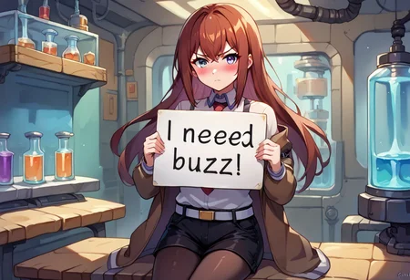 score_9, score_8_up, score_7_up, source_anime, 1girl, makise kurisu, tsundere, blushing, looking at viewer, ((need_buzz)), ((holding sign)), brown jacket, off shoulder, white shirt, red necktie, black shorts, pantyhose, legwear under shorts, white belt <lora:steinsgate_makise_ponyXL:1>, sitting inside a science laboratory, laboratory, laboratory equipment,