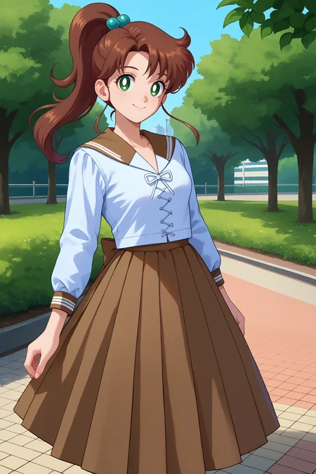 score_9, score_8_up, score_7_up, score_6_up, source_anime, 1girl, solo, <lora:sailorjupiter-pdxl-nvwls-v1-000004:1> slrjup, brown hair, high ponytail, green eyes, hair bobbles, white shirt, brown sailor collar, long sleeves, brown skirt, long skirt, smile, looking at you, park, trees, city, blue sky, happy