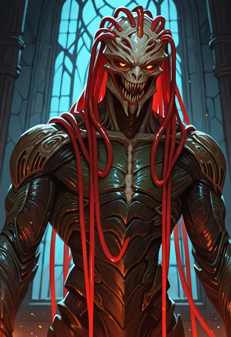 masterpiece, best quality, 1boy, male focus, solo, GixMTG, phyrexian, colored sclera, glowing eyes, armored skin, red cord hair, monster, teeth, claws, close-up, inside a laboratory, side angle, frank romantic, artistic, intricate, elegant, highly detailed, dramatic light