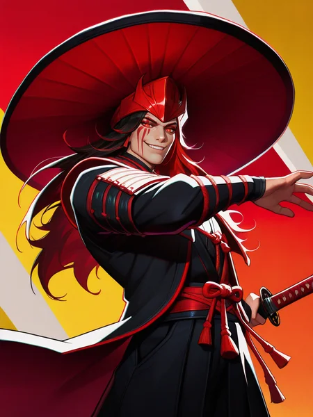 highres, hi res, best quality, masterpiece, intricate details, absurdres, 4k,, semi realistic, cartoon,
1boy, japanese armor, katana, big hat, facial tattoo, evil smile, long hair, fantasy clothes,, looking at viewer, dynamic pose, fighting stance, cowboy shot, multicolored background,
, MarvelRivals, <lora:AMarvelRivals_style-06:1>